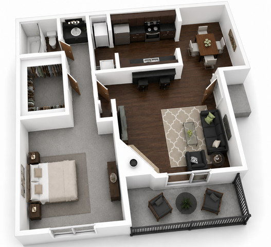 Modern 3D floor plan showcasing a spacious 1-bedroom apartment with an open living area, stylish kitchen, and chic balcony.
