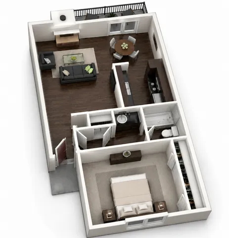 Contemporary 3D floor plan showcasing a spacious one-bedroom apartment with an open-concept living and dining area, sleek kitchen, stylish bathroom, and a private balcony.
