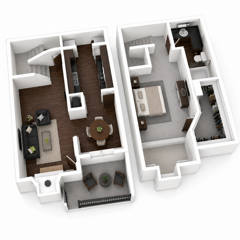 Modern 2-story floor plan showcasing an elegant bedroom, spacious living area, stylish kitchen, and cozy balcony, all with sleek contemporary design.