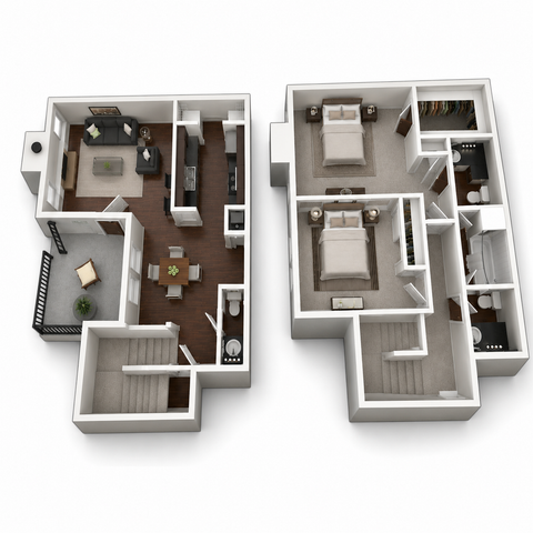 Chic 3D floor plan displaying a modern two-story apartment with two bedrooms, open-concept living area, and an elegant kitchen.