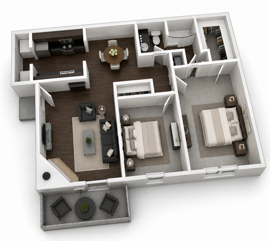 Contemporary 3D floor plan with 2 spacious bedrooms, an elegant open-concept living and dining area, modern kitchen, and balcony for urban living.