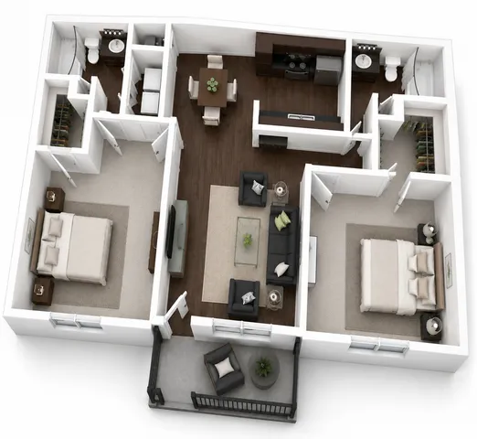 Contemporary 3D floor plan of a modern apartment featuring two spacious bedrooms, a cozy living area, a dining space, and a stylish kitchen, complete with two bathrooms and a charming balcony.