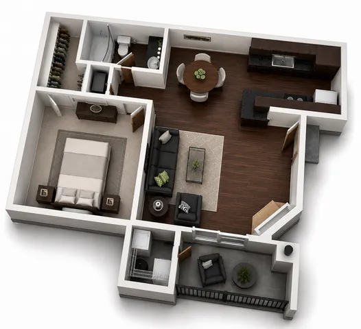 Modern 3D floor plan showcasing one-bedroom apartment with open-concept kitchen and living area, including a cozy balcony and stylish bathroom.