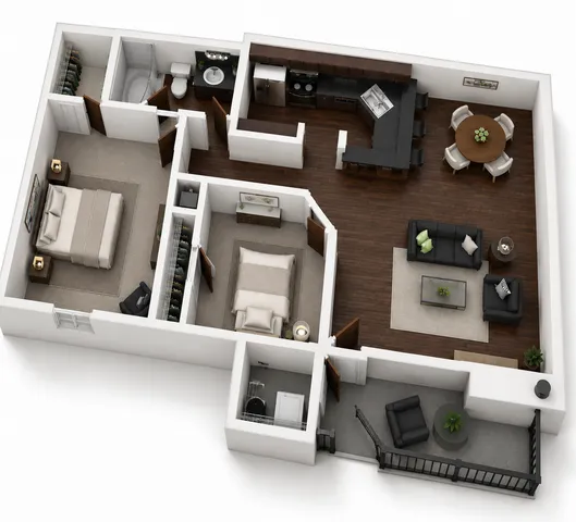 Charming 3D floor plan showcasing two bedrooms, luxurious wooden flooring, an elegant kitchen, cozy living area, and a stylish dining space.