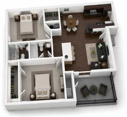 3D floor plan showcasing a modern apartment with two bedrooms, an open-concept living and dining area, a sleek kitchen, and a cozy balcony.