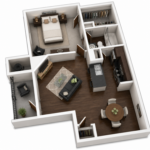 Contemporary 3D apartment floor plan showcasing a cozy bedroom, open-concept living area with hardwood floors, modern kitchen, and stylish dining space.