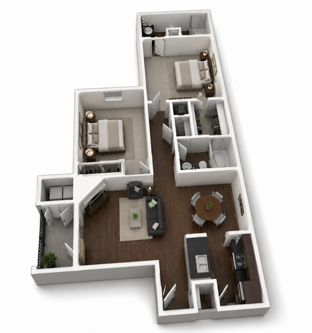 Modern 3D floor plan showcasing 2 bedrooms, 2 bathrooms, a cozy living area, and an open kitchen with sleek dark wood flooring.