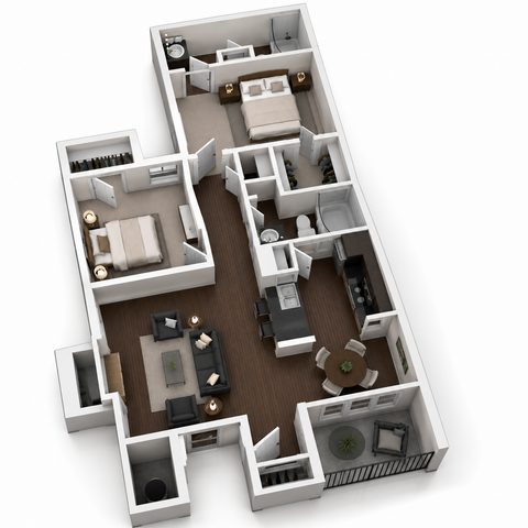 Elegant 3D floor plan showcasing two spacious bedrooms, an inviting open-concept living area, modern kitchen, and a cozy balcony.