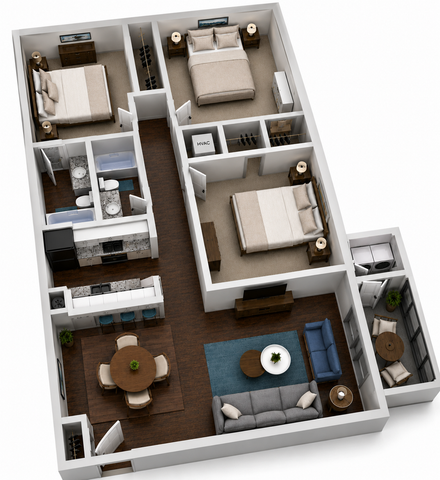 Contemporary 3D floor plan featuring 3 bedrooms, an open-concept living and dining area, and a modern kitchen, perfect for spacious living.