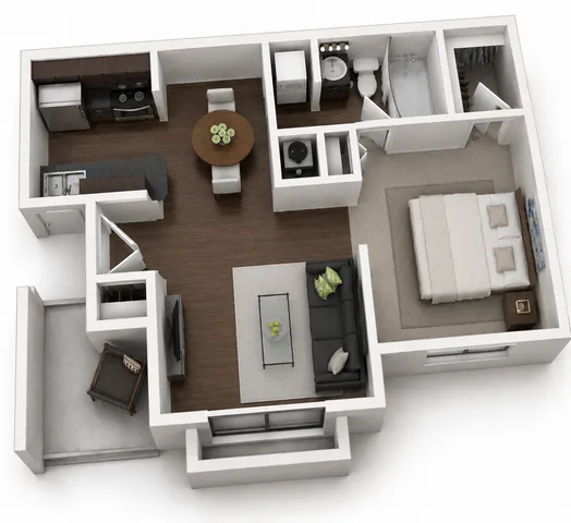 Modern 3D floor plan showcasing one-bedroom apartment with an open-concept living area, stylish kitchen, and inviting balcony space.