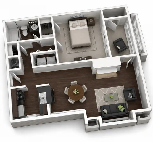 Modern 3D floor plan featuring a cozy bedroom, open living area, stylish kitchen with island, and elegant dining space.