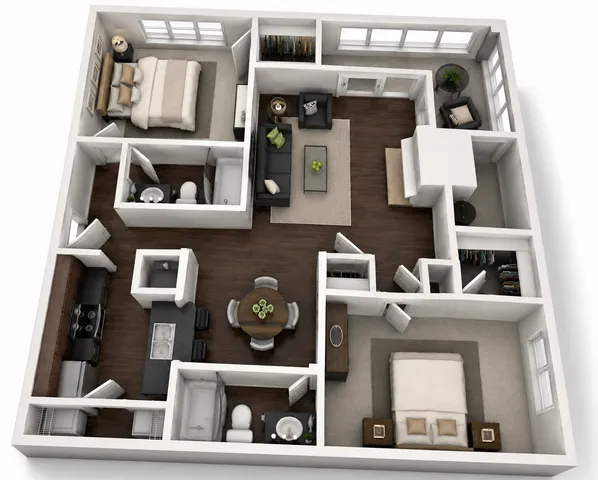 Contemporary 3D floor plan showcasing two-bedroom apartment with open-concept living and dining area, sleek kitchen, and modern bathrooms.