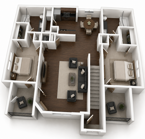 Elegant 3D floor plan showcasing a modern two-bedroom apartment with a cozy living area, stylish kitchen, and dining nook. Features include spacious closets and hardwood floors, perfect for comfortable living.