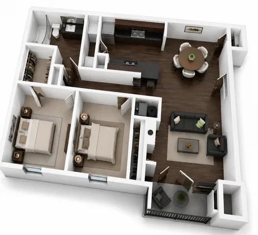 Elegant 3D apartment floor plan showcasing 2 spacious bedrooms, modern kitchen, inviting living area, cozy dining space, and stylish bathroom design.