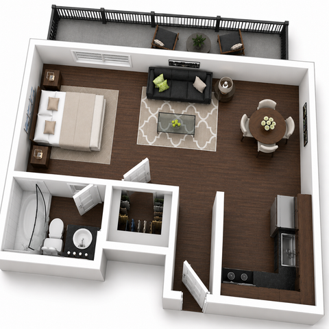 Modern open-concept apartment floor plan featuring one spacious bedroom, elegant living area, stylish kitchen, and private balcony.
