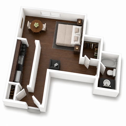 Modern 1-bedroom apartment with sleek kitchen, cozy dining area, stylish living space, and elegant bathroom.