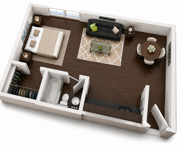 Modern 3D floor plan showcasing a cozy one-bedroom apartment with an open-concept living and dining area, stylish kitchen, and spacious bathroom.