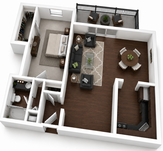 Modern 1-bedroom apartment floor plan featuring open living and dining area, cozy kitchen, and private balcony.