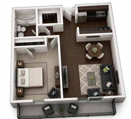 Modern 1-bedroom apartment floor plan featuring a cozy living area, sleek kitchen, and private balcony.