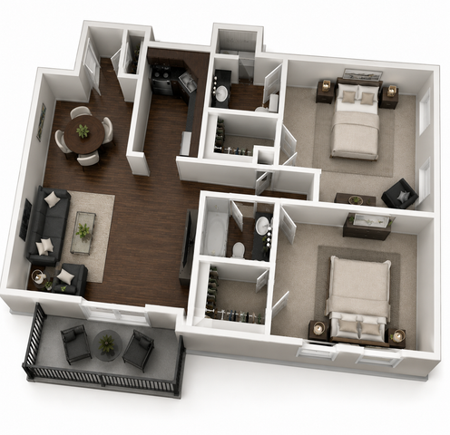 Modern 3D floor plan showcasing two spacious bedrooms, a cozy living room with stylish furniture, an elegant dining area, a sleek kitchen, and a charming balcony.