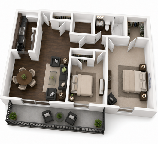 Modern 3D floor plan showcasing a stylish apartment with two bedrooms, a sleek kitchen, cozy living room, and spacious balcony. Ideal for comfortable urban living.