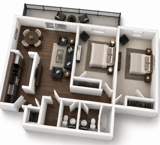 Modern 3D floor plan showcasing a spacious 2-bedroom apartment with an open living and dining area, contemporary kitchen, and inviting balcony space.