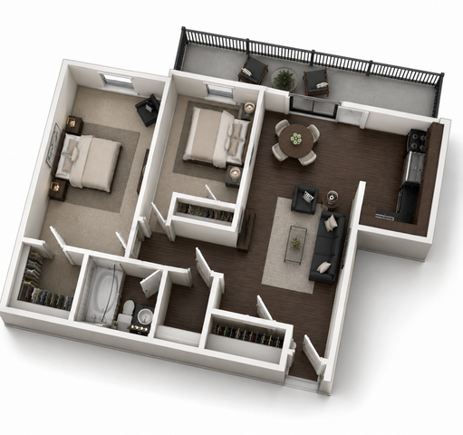 Elegant 3D floor plan showcasing 2 cozy bedrooms, a modern kitchen, spacious living area, and a private balcony space.