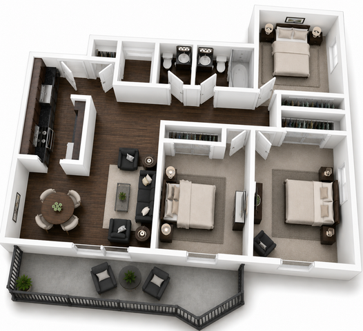 Elegant 3D floor plan showcasing 3 bedrooms, open living and dining area, modern kitchen, and private balcony.