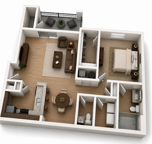 Modern 3D floor plan showcasing a stylish one-bedroom apartment with a spacious living area, open kitchen, and private balcony.
