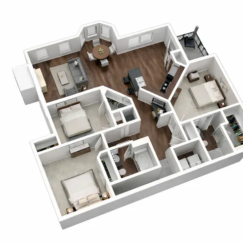 Elegant 3D floor plan showcasing two bedrooms, a modern open-concept kitchen and living area, plus a cozy balcony space.