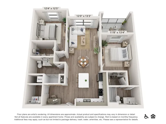Charming 3D floor plan with 2 spacious bedrooms, cozy living room, modern kitchen, and balcony. Perfect for comfortable living.
