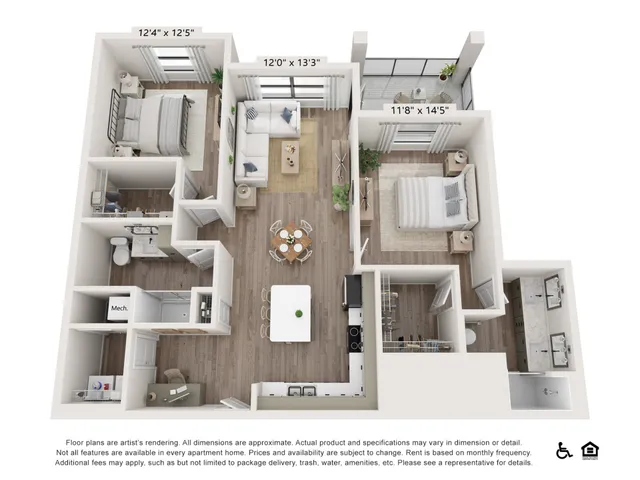 Modern 3D floor plan showcasing a chic two-bedroom apartment with an open living space, inviting balcony, and sleek kitchen layout.