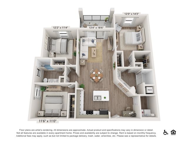 Modern 3D floor plan featuring 3 elegant bedrooms, a cozy open-concept living area, and a stylish kitchen with an island.