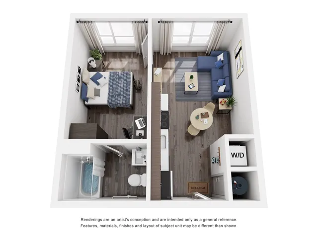 Contemporary 3D layout showcasing a cozy 1-bedroom apartment with an inviting open-plan living room and kitchen, modern bathroom, and in-unit laundry.