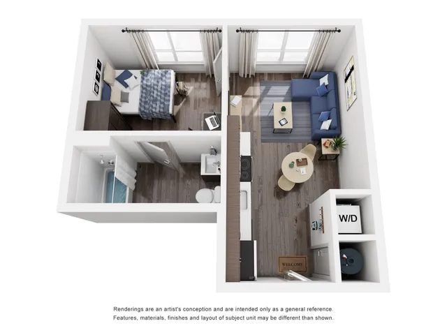 Inviting 3D floor plan showcasing a cozy one-bedroom apartment with a bright living area, compact kitchen, and convenient bathroom layout. Features an in-unit washer/dryer and stylish modern decor.