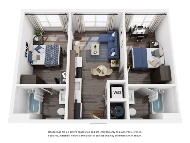 Modern 3D floor plan showcasing two bedrooms, a cozy living area with plush seating, and a sleek kitchen, all accented with natural light and stylish decor.