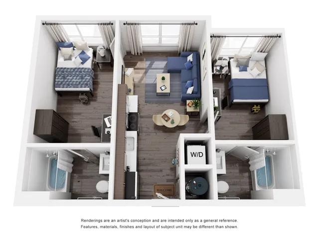 Modern 3D apartment floor plan featuring two spacious bedrooms, a cozy living room, a sleek kitchen, and two contemporary bathrooms with a central washer/dryer unit.