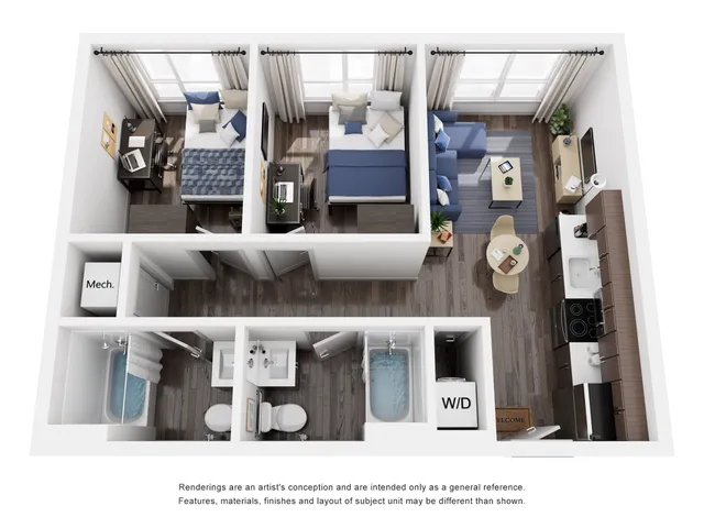 Chic 2-bedroom apartment floor plan featuring open living area, modern kitchen, and dual bathrooms, with stylish decor touches.