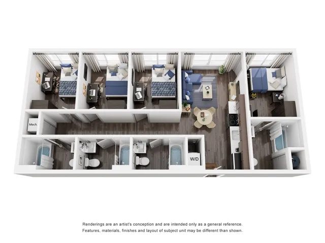 Modern apartment floor plan showcasing 3 bedrooms, a cozy living area, and a fully-equipped kitchen with stylish interiors.