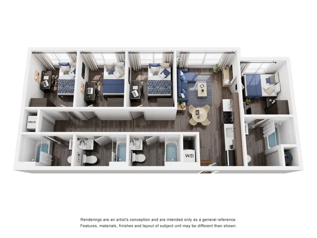 Modern 3D floor plan showcasing three spacious bedrooms, stylish open-concept living and dining area, contemporary kitchen, and two well-appointed bathrooms.