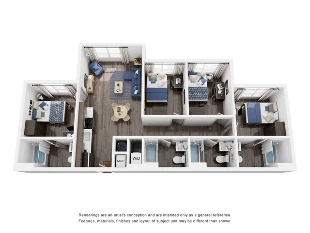Modern 3D floor plan featuring 3 cozy bedrooms, a stylish open-concept living area, and two sleek bathrooms.