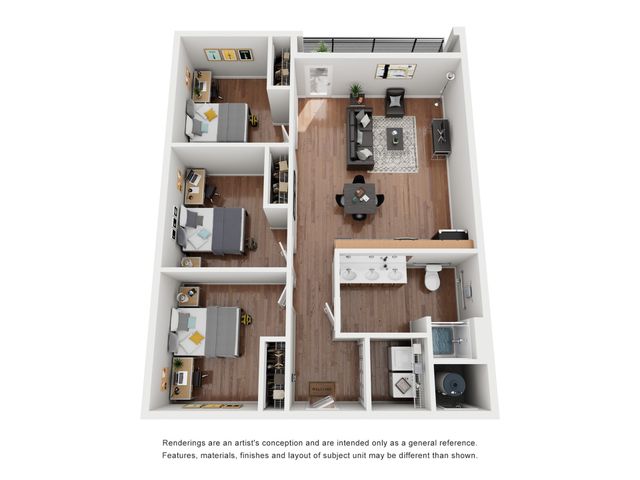 Modern 3D floor plan showcasing 3 cozy bedrooms, an elegant living room, and a stylish dining area with wood flooring.