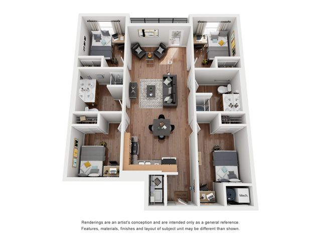 Contemporary 3D floor plan showcasing a spacious three-bedroom apartment with an open kitchen, cozy living area, and two modern bathrooms.