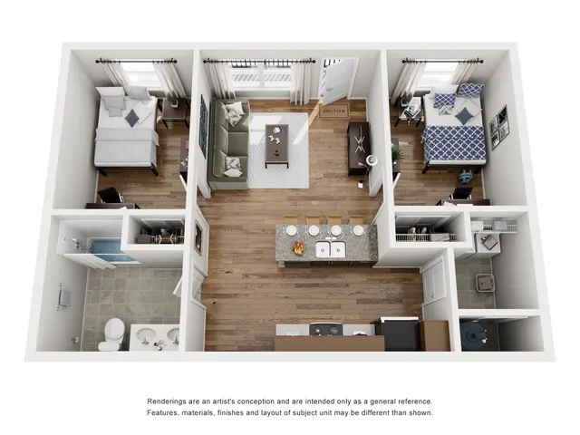 Stylish 3D floor plan showcasing 2 spacious bedrooms, an inviting open-concept living area, and a modern kitchen with bar seating.