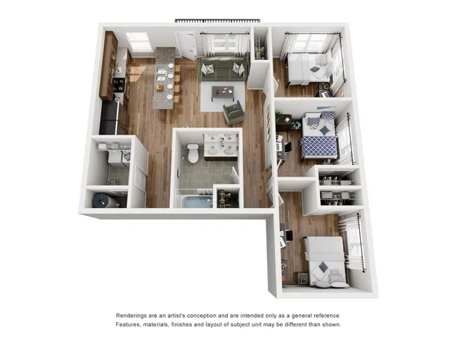 Chic 3D floor plan showcasing a spacious 2-bedroom apartment with open-concept kitchen, modern living room, and stylish bathrooms.