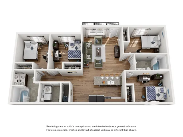 Elegant 3D floor plan showcasing three cozy bedrooms, a modern open-concept living area, gourmet kitchen with island, and two stylish bathrooms.