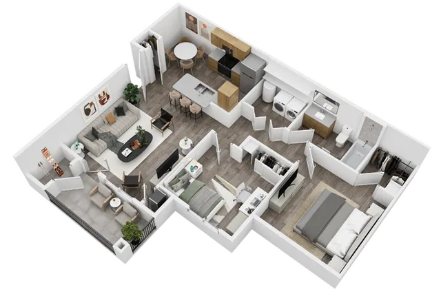 Modern 3D floor plan showcasing a spacious apartment with two bedrooms, open living area, stylish kitchen, and a cozy balcony.