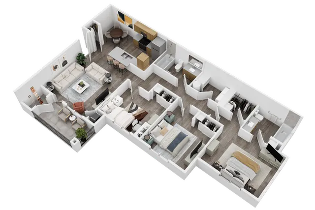 Modern 3D floor plan showcasing 3 bedrooms, open-concept living and dining area, and a sleek kitchen with island.