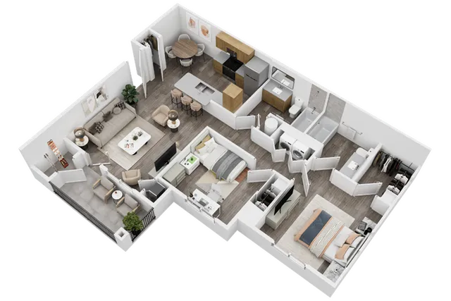 Modern 3D floor plan featuring 2 bedrooms, elegant open-concept living room, and spacious kitchen with island and dining area.