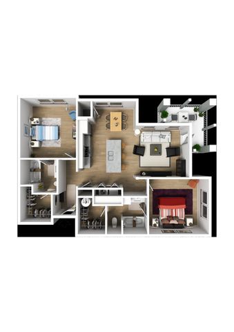Modern 3D floor plan showcasing 2 elegant bedrooms, an open-concept kitchen with island, cozy living area, and a chic balcony.